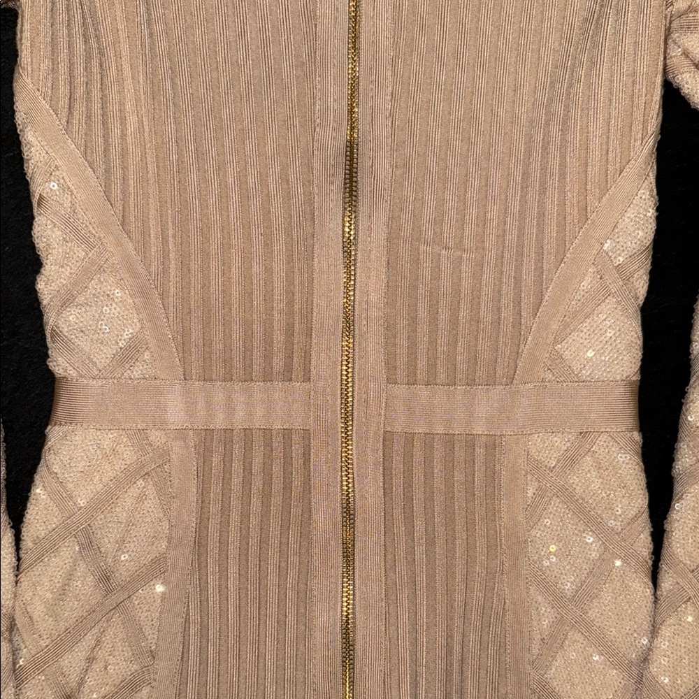 House of CB Cream Ribbed Mock Neck Sequins Bodycon Dress - Picture 9 of 10
